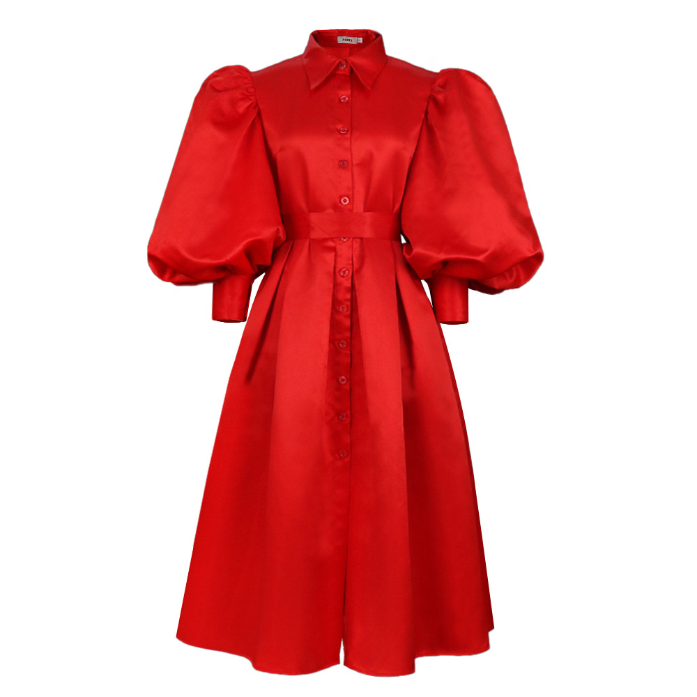 Polo collar long sleeve bubble sleeve big hem skirt tie shirt gown party dresses