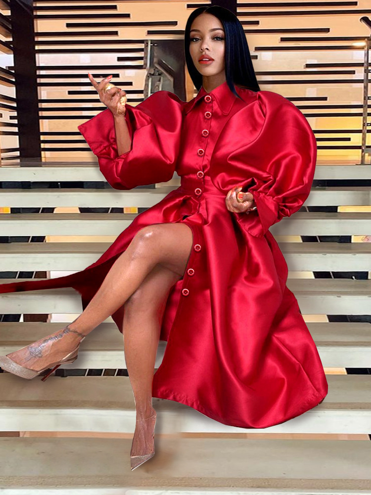 Polo collar long sleeve bubble sleeve big hem skirt tie shirt gown party dresses