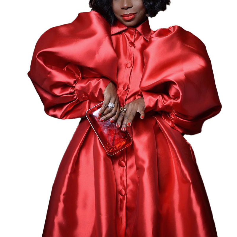 Polo collar long sleeve bubble sleeve big hem skirt tie shirt gown party dresses