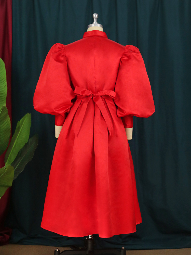 Polo collar long sleeve bubble sleeve big hem skirt tie shirt gown party dresses