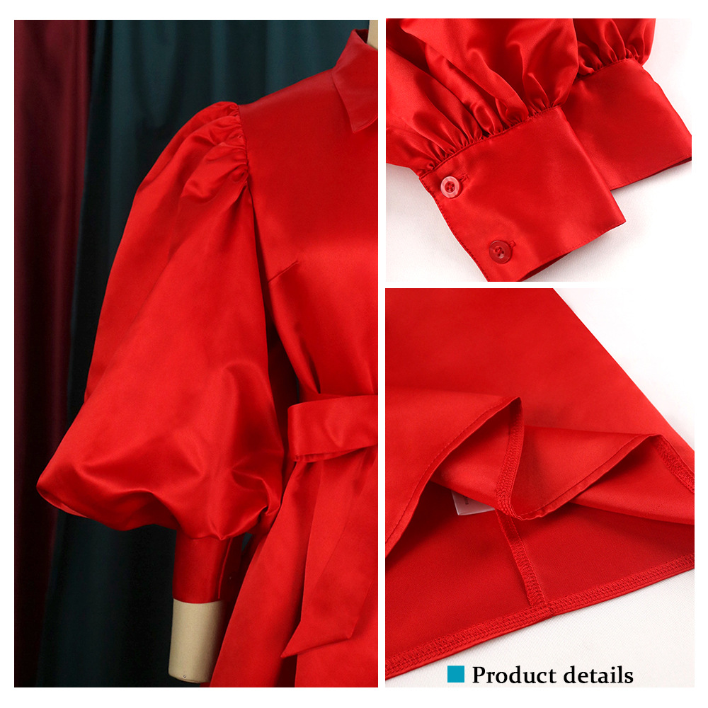 Polo collar long sleeve bubble sleeve big hem skirt tie shirt gown party dresses