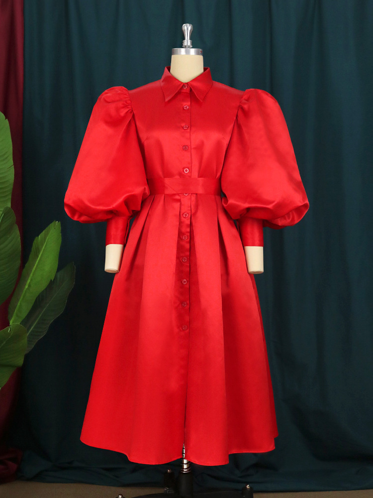 Polo collar long sleeve bubble sleeve big hem skirt tie shirt gown party dresses