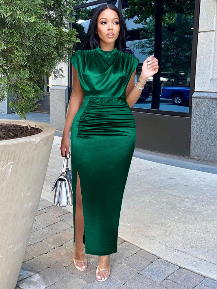 High Collar New Long Dress Solid Dress High Waist Temperament Commuter Red Curved Dress Long Dresses