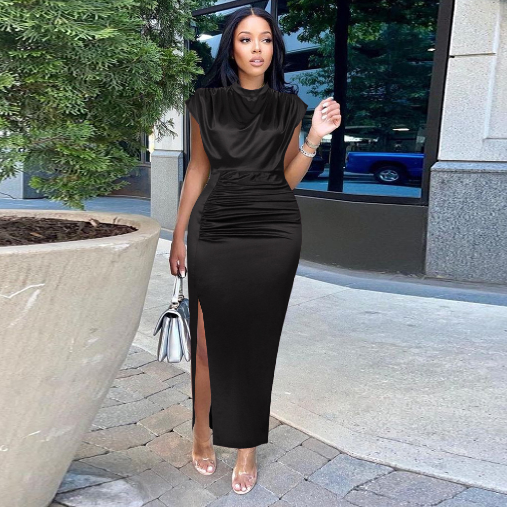 High Collar New Long Dress Solid Dress High Waist Temperament Commuter Red Curved Dress Long Dresses