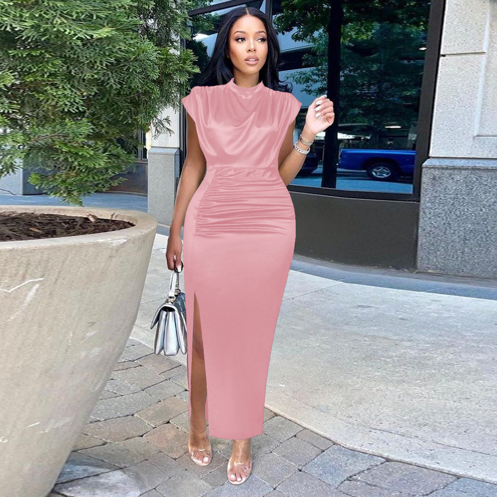 High Collar New Long Dress Solid Dress High Waist Temperament Commuter Red Curved Dress Long Dresses