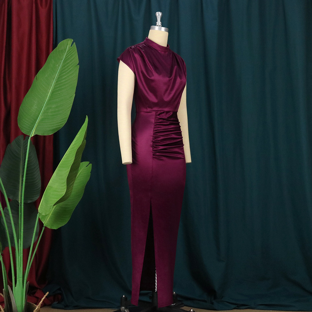 High Collar New Long Dress Solid Dress High Waist Temperament Commuter Red Curved Dress Long Dresses