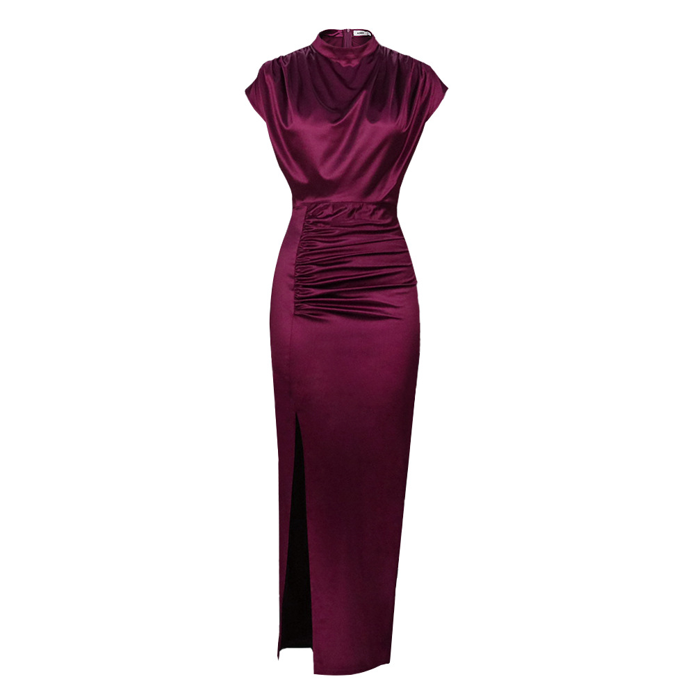High Collar New Long Dress Solid Dress High Waist Temperament Commuter Red Curved Dress Long Dresses