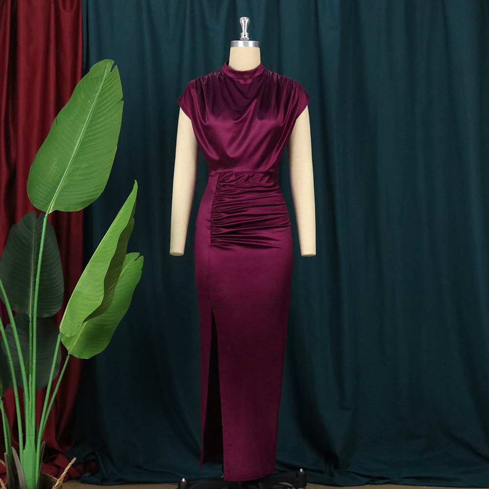 High Collar New Long Dress Solid Dress High Waist Temperament Commuter Red Curved Dress Long Dresses