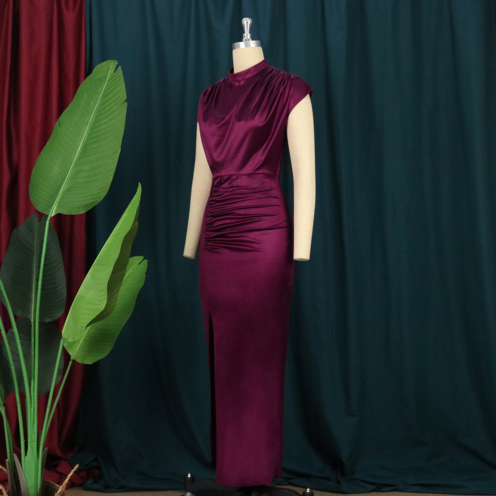 High Collar New Long Dress Solid Dress High Waist Temperament Commuter Red Curved Dress Long Dresses