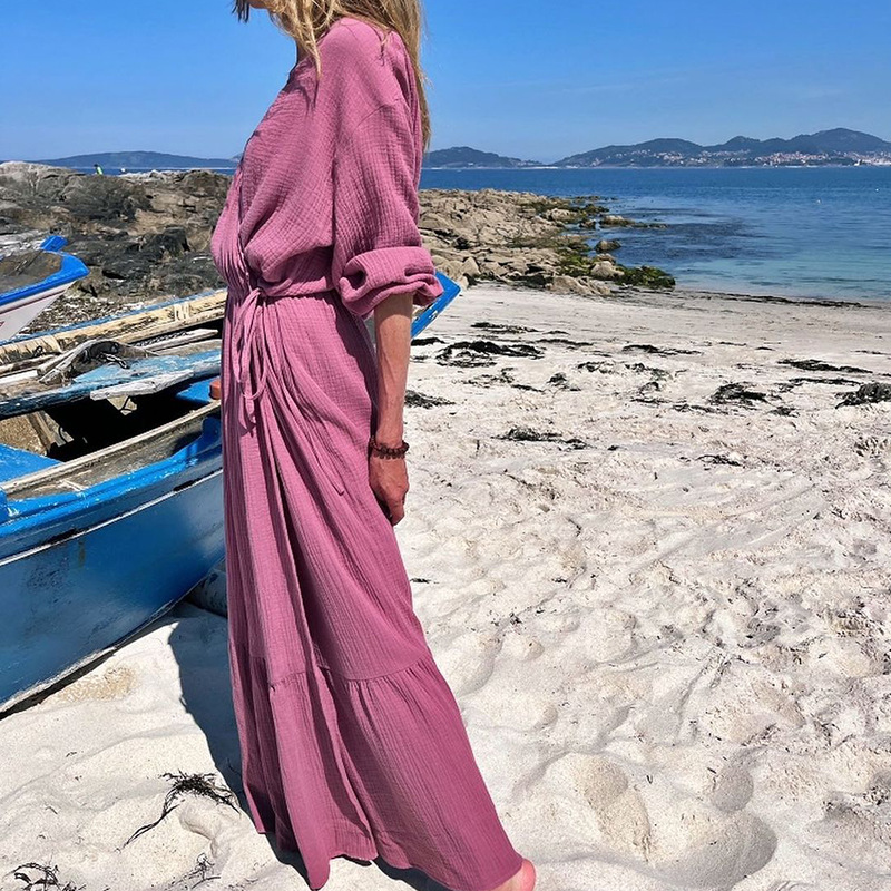 FD1049 Women's Fall 2022 New Fashion V-neck Long sleeve loose mid-length dress