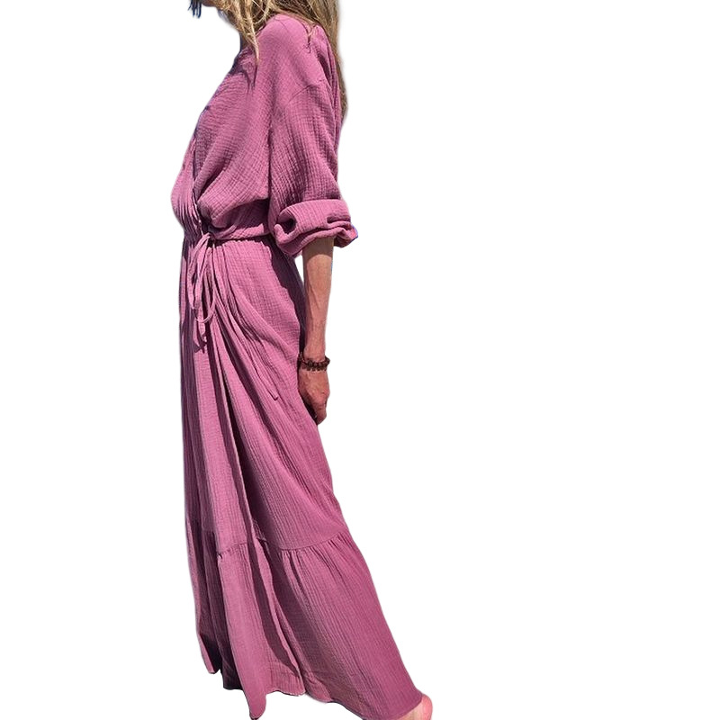 FD1049 Women's Fall 2022 New Fashion V-neck Long sleeve loose mid-length dress