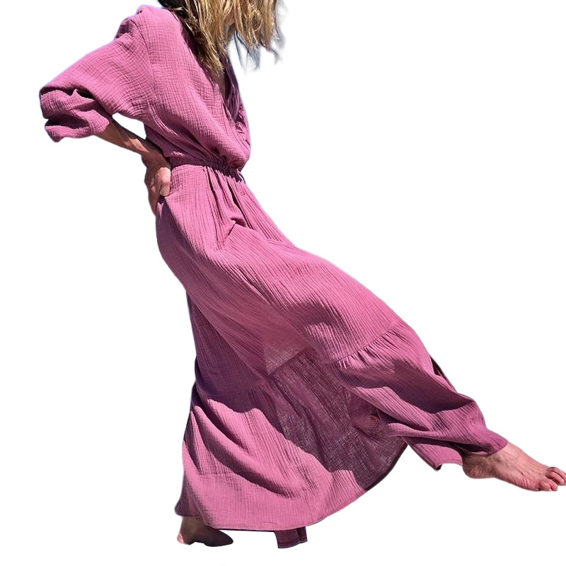 FD1049 Women's Fall 2022 New Fashion V-neck Long sleeve loose mid-length dress