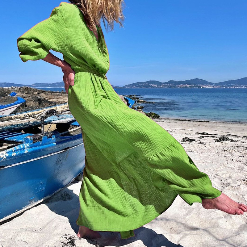 FD1049 Women's Fall 2022 New Fashion V-neck Long sleeve loose mid-length dress