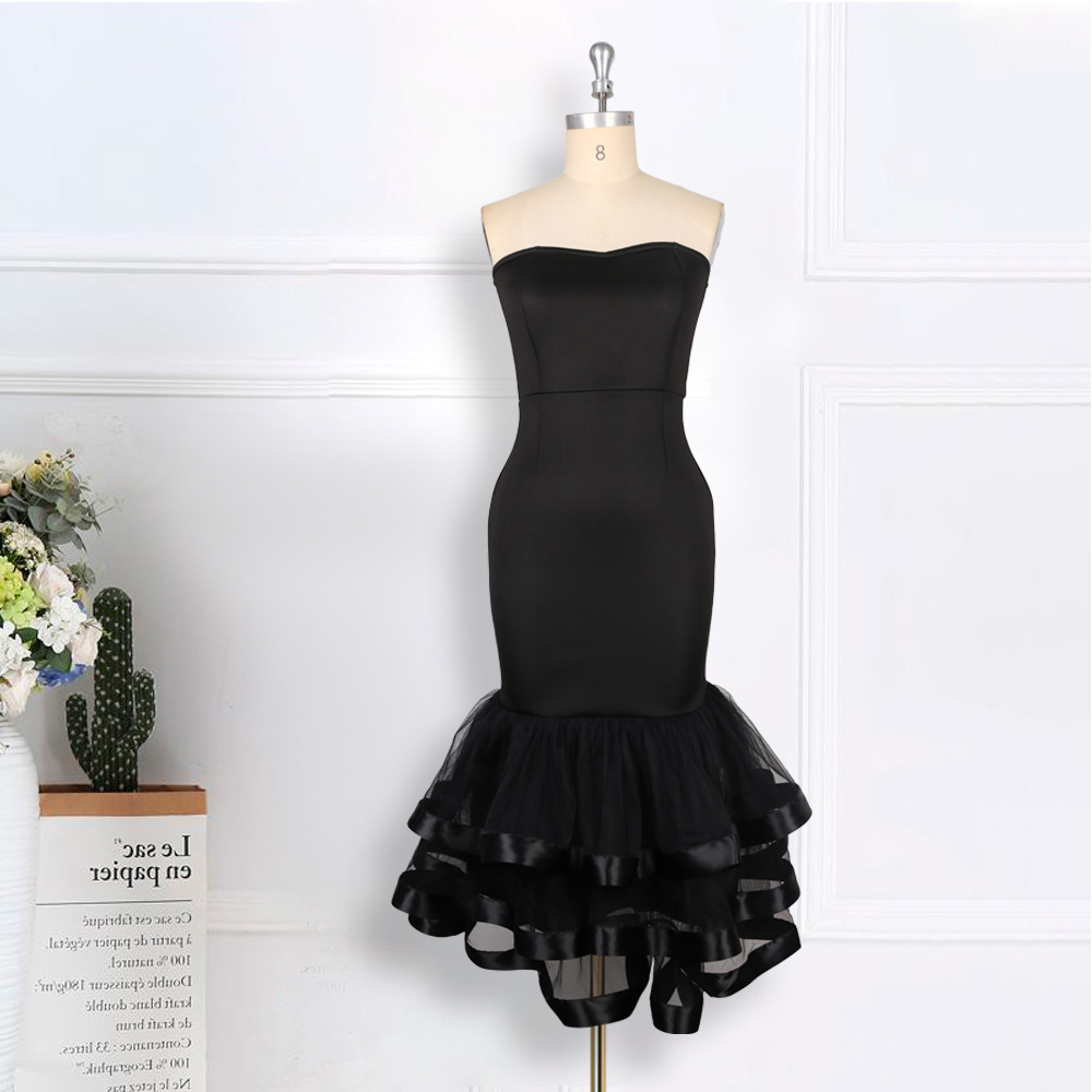 Sexy strapless perspective gauze wrap buttocks skirt small dress large women's dress party dress