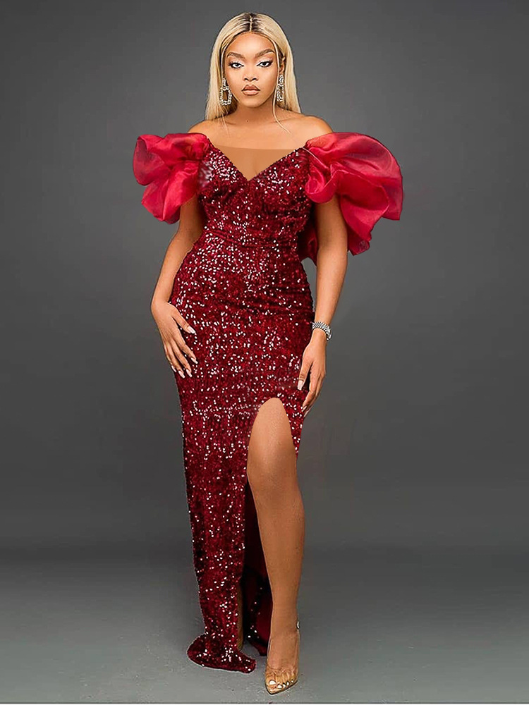 Sexy ruffle V-neck temperament sequins high-end long dress celebrity banquet evening dress women party dress