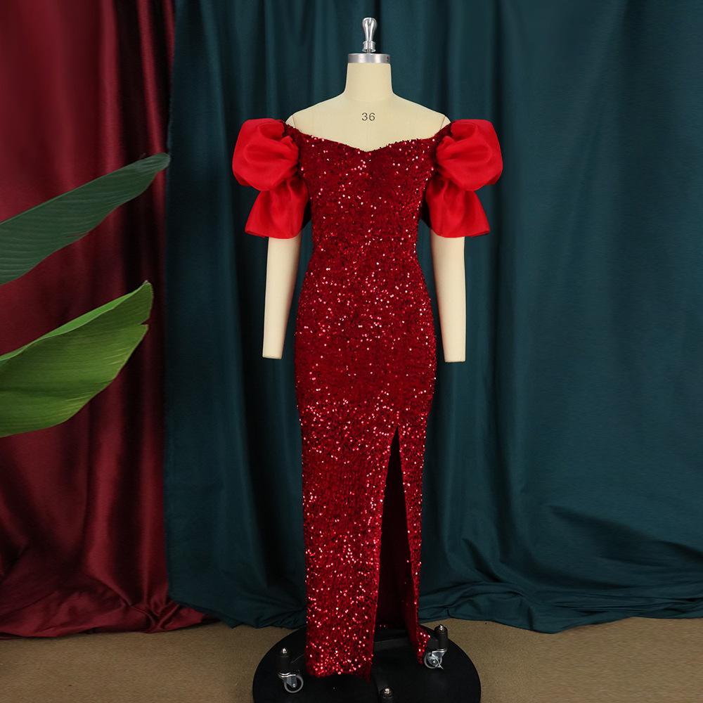 Sexy ruffle V-neck temperament sequins high-end long dress celebrity banquet evening dress women party dress