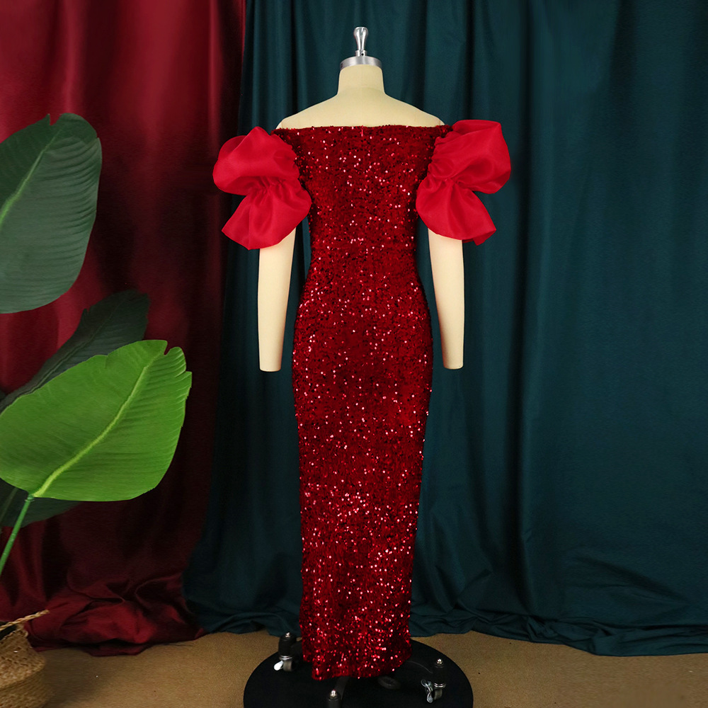 Sexy ruffle V-neck temperament sequins high-end long dress celebrity banquet evening dress women party dress