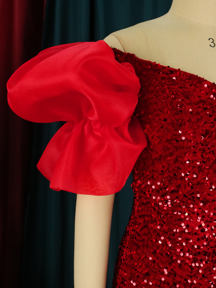 Sexy ruffle V-neck temperament sequins high-end long dress celebrity banquet evening dress women party dress