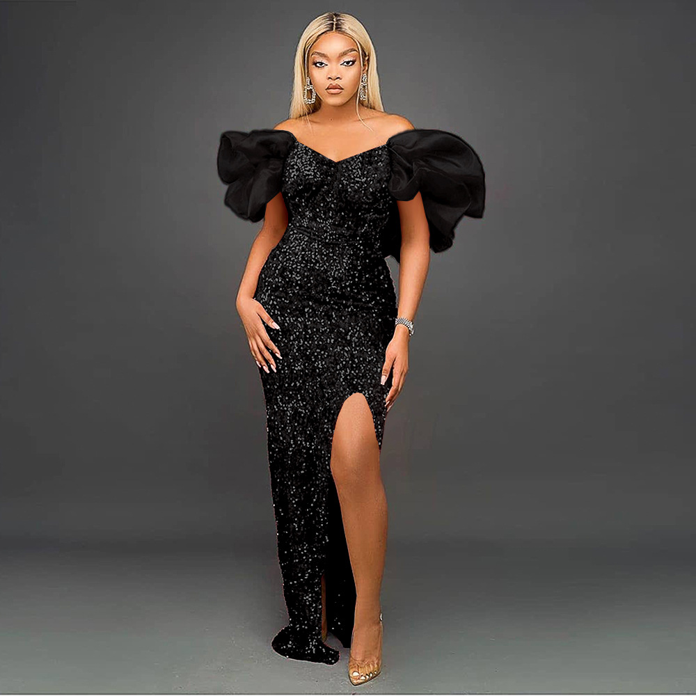 Sexy ruffle V-neck temperament sequins high-end long dress celebrity banquet evening dress women party dress