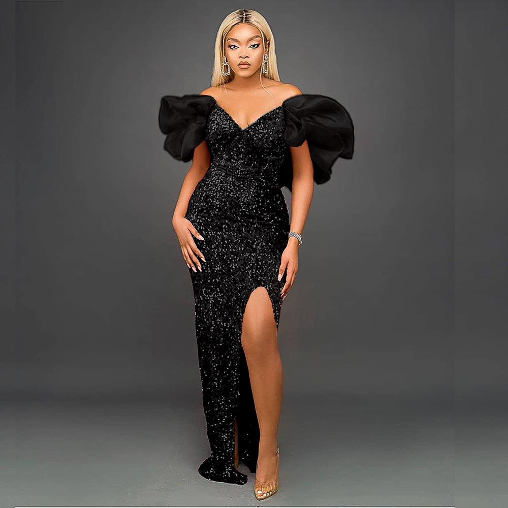 Sexy ruffle V-neck temperament sequins high-end long dress celebrity banquet evening dress women party dress