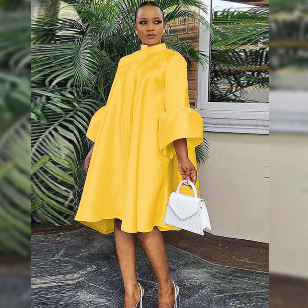 Stand collar flare sleeve button cardigan loose S-3XL oversize women's dress party dresses