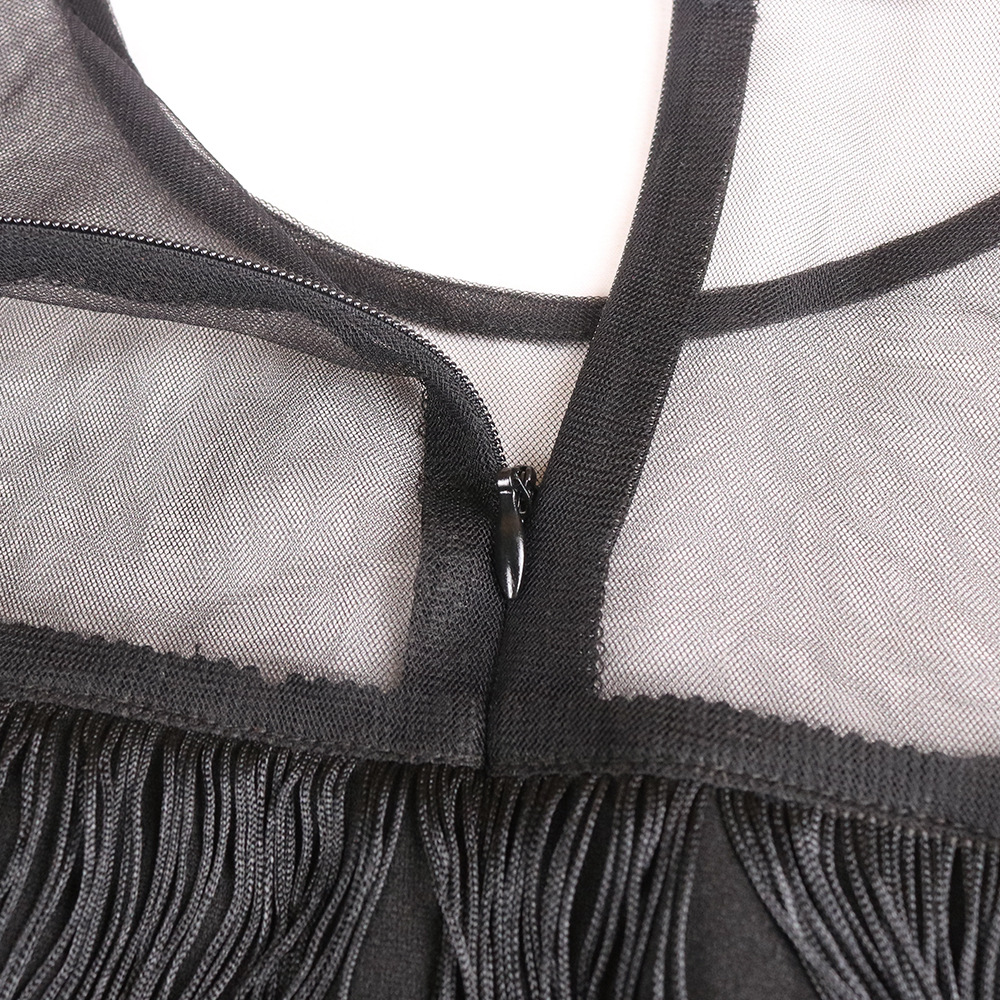 Sexy perspective mesh splicing tassel high waist large size slim casual bag buttocks women's dress