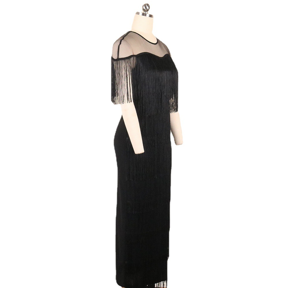 Sexy perspective mesh splicing tassel high waist large size slim casual bag buttocks women's dress