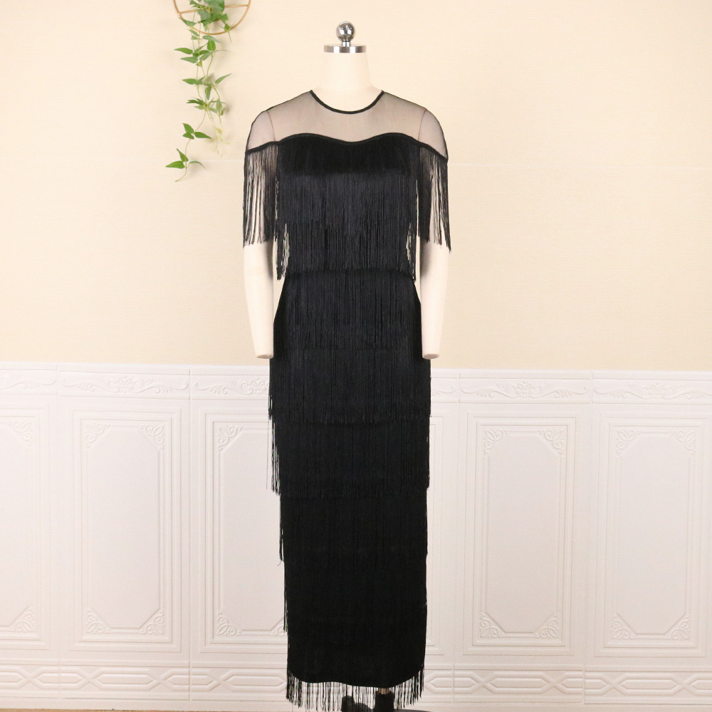 Sexy perspective mesh splicing tassel high waist large size slim casual bag buttocks women's dress