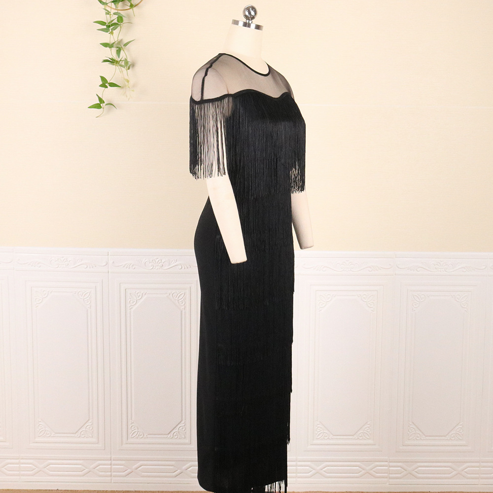 Sexy perspective mesh splicing tassel high waist large size slim casual bag buttocks women's dress