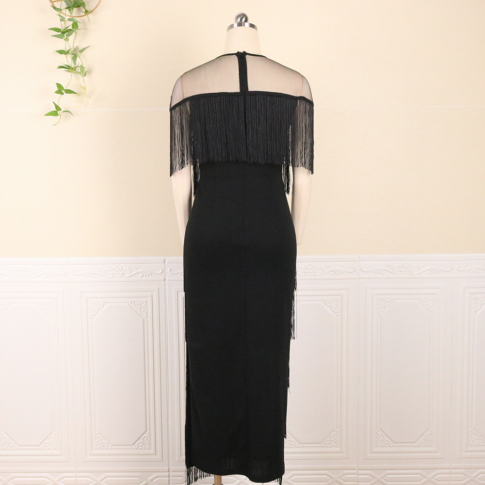 Sexy perspective mesh splicing tassel high waist large size slim casual bag buttocks women's dress