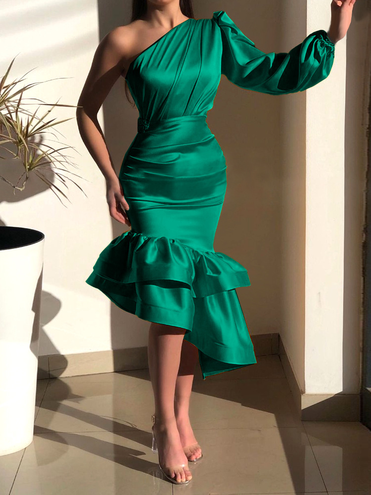 2022 Autumn New Multicolor Optional One Shoulder Oblique Neck Dress Banquet Party Baggy Hip Bridesmaid Dresses