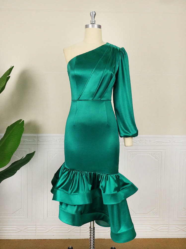 2022 Autumn New Multicolor Optional One Shoulder Oblique Neck Dress Banquet Party Baggy Hip Bridesmaid Dresses