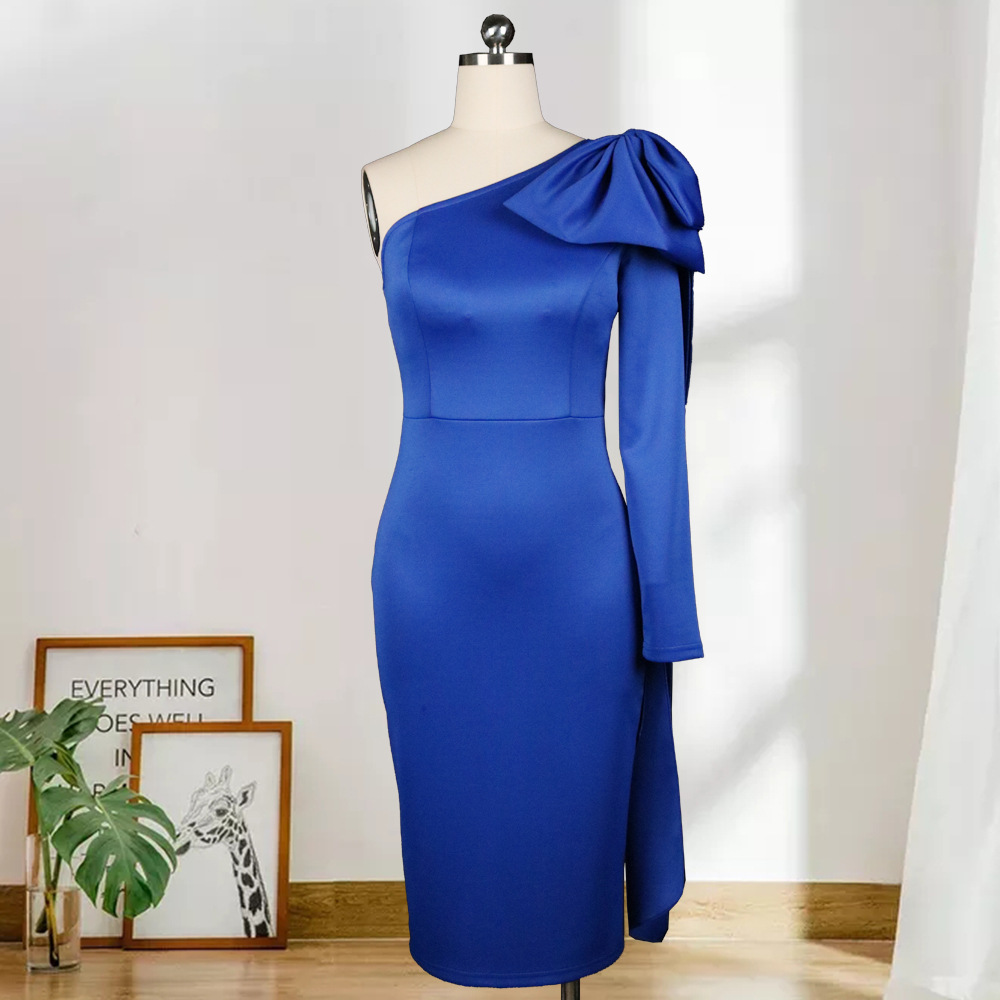 Sexy one shoulder backless bow knot high waist oversize slim fitting dress for female dress