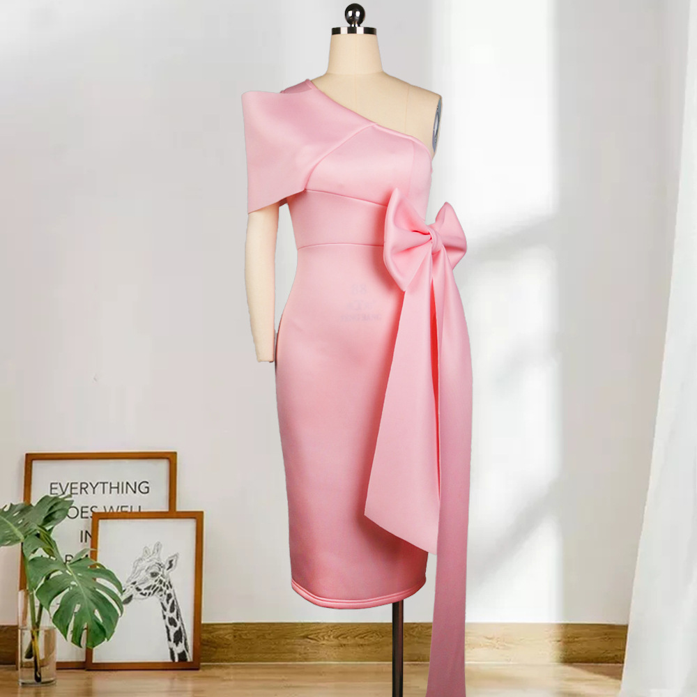 Sexy One Shoulder Bowknot Hip Wrap Dress High Waist Large Slim Pencil Dress Women's Dress