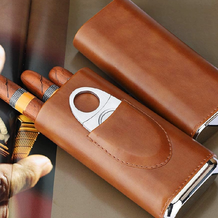 New Three-Finger Portable Cigar Humidor Brown and Black Two Choices Cowhide Material Leather Case with Silver Cigar Cutter
