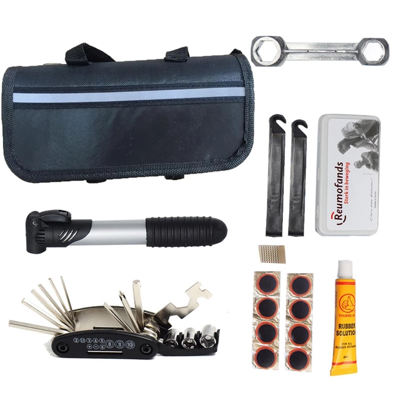 Bike Repair Tool Bag Mini Pump Folding Hex Spoke Wrench  Screwdrive Set Bicycle Tire Pouch Tools Kit