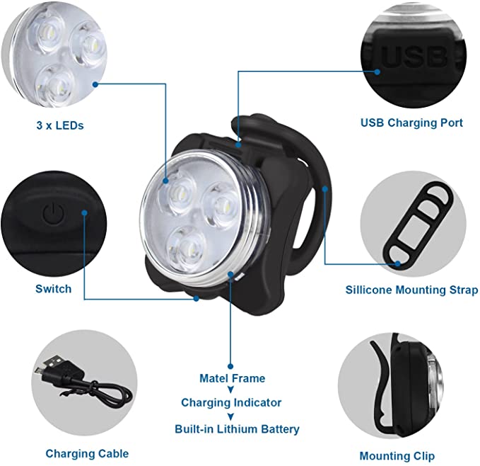 Bike Light Set, Super Bright USB Rechargeable Bicycle Lights,  Rechargeable Front Light &amp; Rear Light