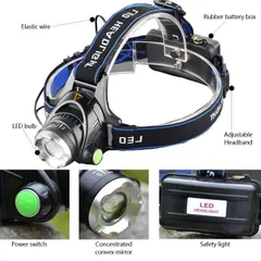 USB rechargeable T6 Zoomable Headlight Head Torch Flashlight Head lamp for Fishing Camping Hiking as picture one size