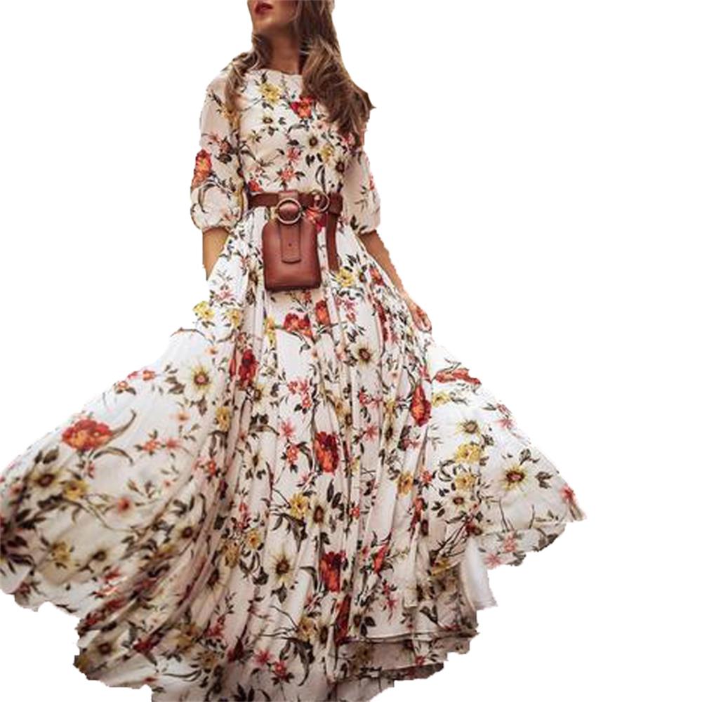 Women's Maxi Boho Dress Floral Print High-waist Three-quarter Sleeve Lady Summer Beach Long Sundress