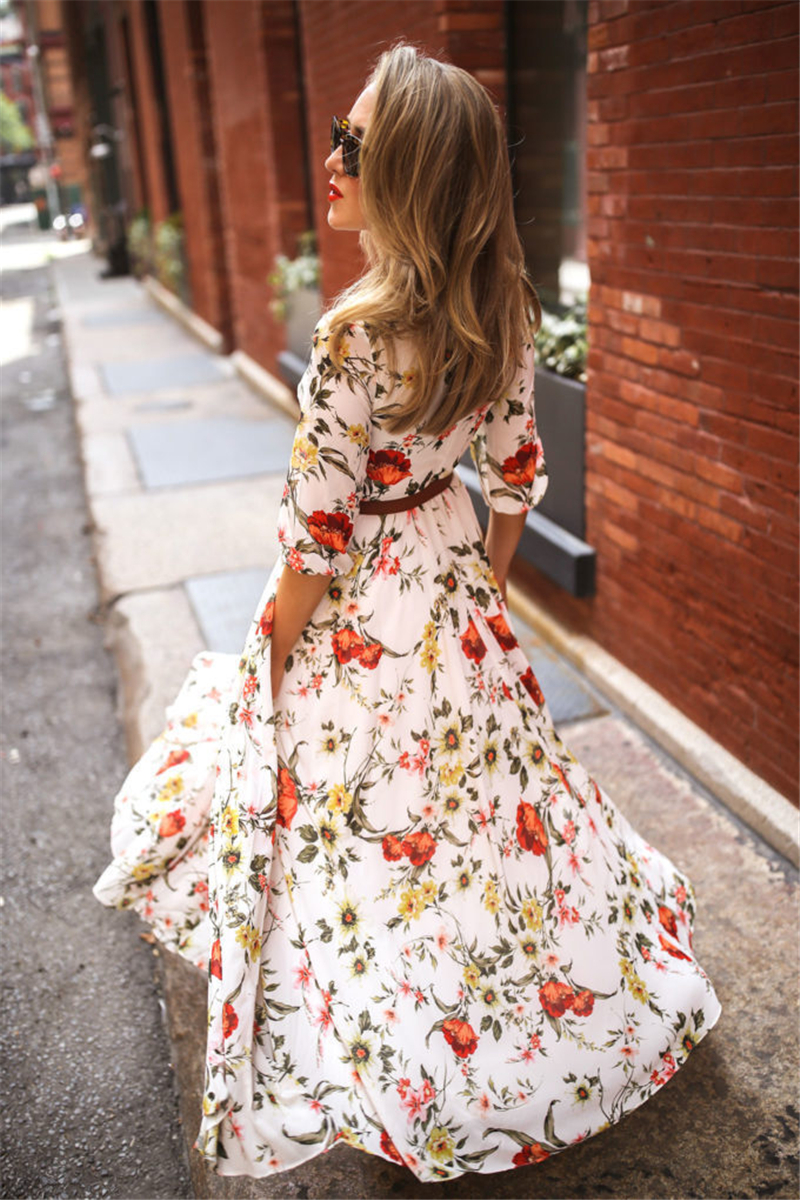 Women's Maxi Boho Dress Floral Print High-waist Three-quarter Sleeve Lady Summer Beach Long Sundress