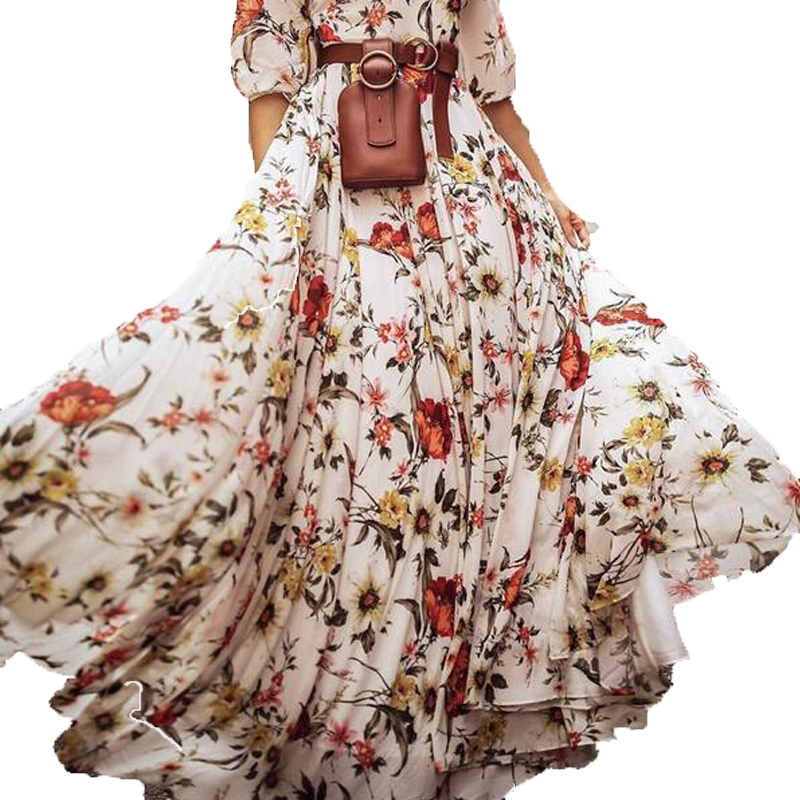 Women's Maxi Boho Dress Floral Print High-waist Three-quarter Sleeve Lady Summer Beach Long Sundress