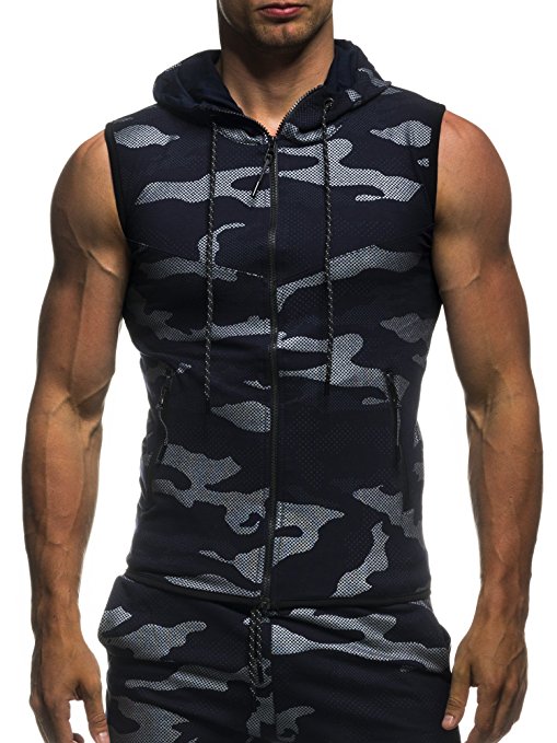 Camo Printed Men&apos;s Zipper Casual Slim Sleeveless Hooded Vests Men&apos;s Clothes Cardigans Hoodies