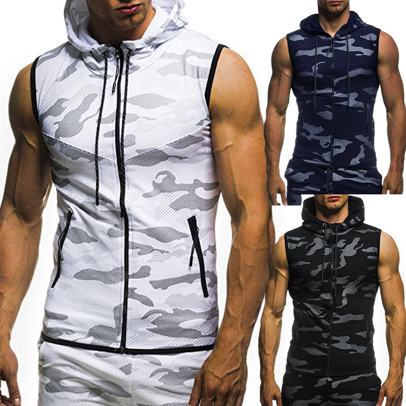 Camo Printed Men&apos;s Zipper Casual Slim Sleeveless Hooded Vests Men&apos;s Clothes Cardigans Hoodies