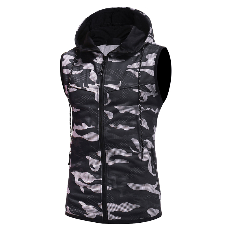 Camo Printed Men&apos;s Zipper Casual Slim Sleeveless Hooded Vests Men&apos;s Clothes Cardigans Hoodies