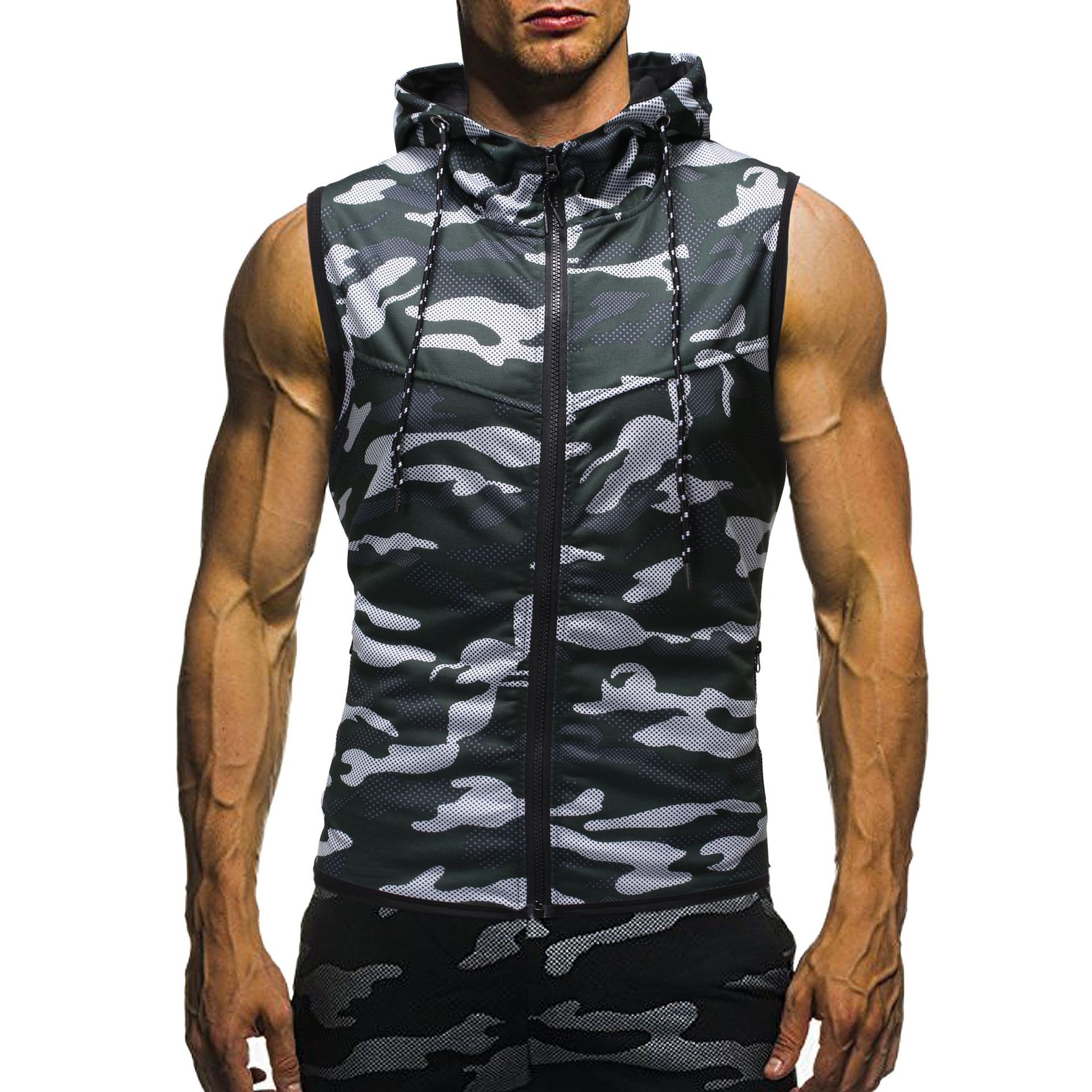 Camo Printed Men&apos;s Zipper Casual Slim Sleeveless Hooded Vests Men&apos;s Clothes Cardigans Hoodies