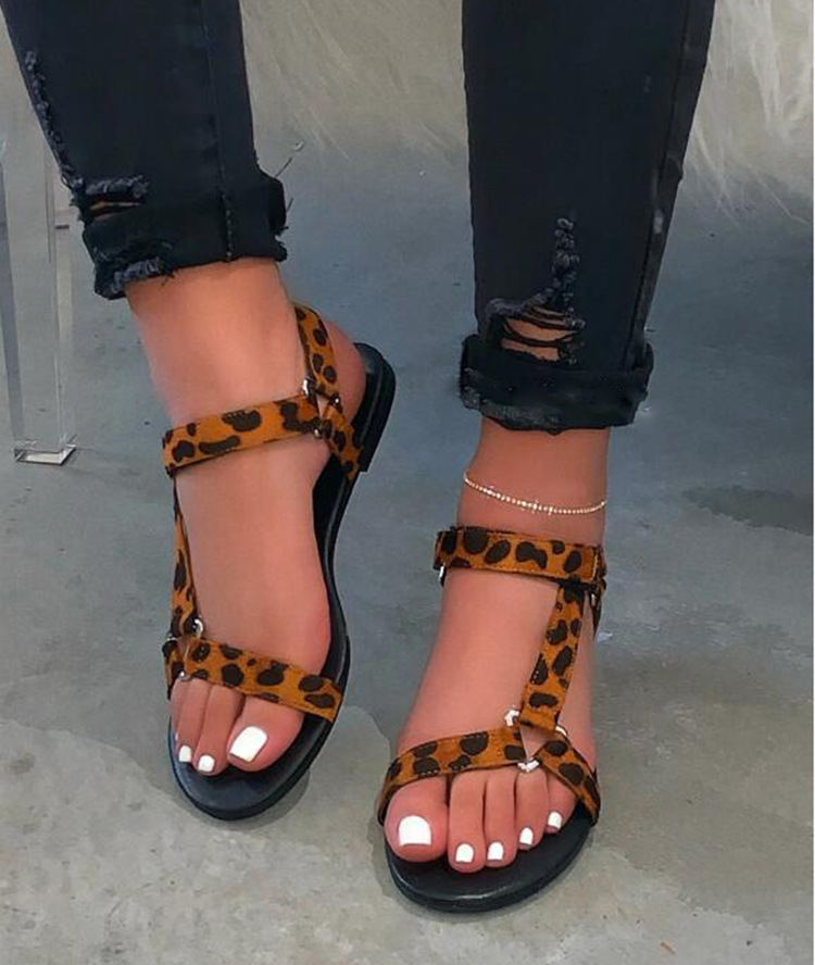 Spring Summer Women&apos;s Platform Sandals Leopard Print Slip-On Outside Shoes Patchwork Ladies Flat