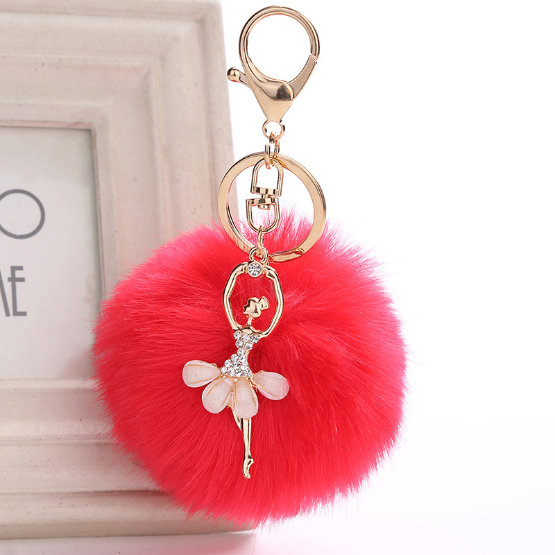 Cute Rhinestone Little Angel Car Keychain Fake Fur Key Chain Women Trinket Car Bag