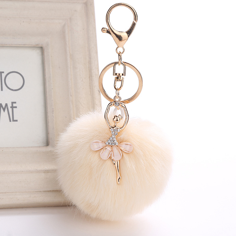 Cute Rhinestone Little Angel Car Keychain Fake Fur Key Chain Women Trinket Car Bag