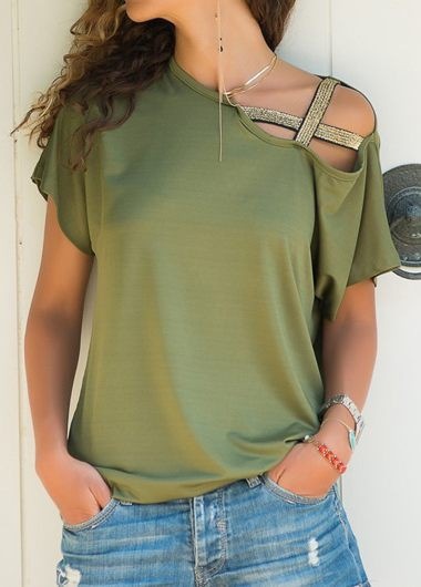 Casual T-shirt Shoulder Cross Irregular Short-sleeved Personality and Fashionable Women's Wear