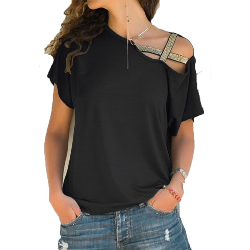 Casual T-shirt Shoulder Cross Irregular Short-sleeved Personality and Fashionable Women's Wear